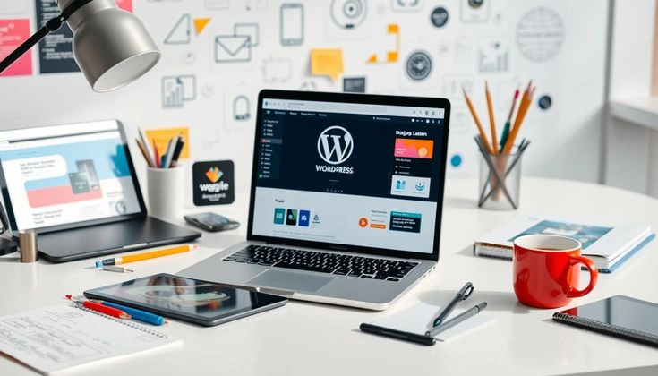 Best Drag and Drop Website Builders for Professionals 2026 displayed on a modern workspace with laptop showing WordPress dashboard and web design tools