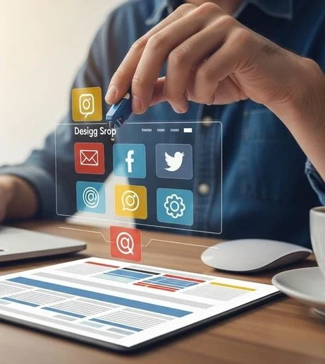 The best digital marketing strategist in Riyadh is portrayed as a professional using a stylus-like tool to interact with a futuristic holographic display of social media and marketing icons. Set over a modern workspace with a laptop and a tablet showcasing webpage design, the scene highlights precision, creativity, and data-driven planning behind high-impact digital strategies.