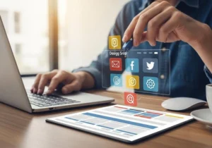 The influence of social media in digital marketing showing a marketer managing social media apps and analytics on a laptop