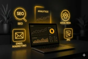 Best digital marketing strategist services in Riyadh visualized by a laptop displaying marketing data and five glowing yellow neon icons for SEO, PPC, Analytics, Social Media, and Email Marketing.