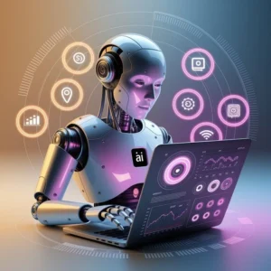 How AI changes Riyadh business in 6 powerful insights visualized by a sleek humanoid robot analyzing holographic data and business icons on a laptop.