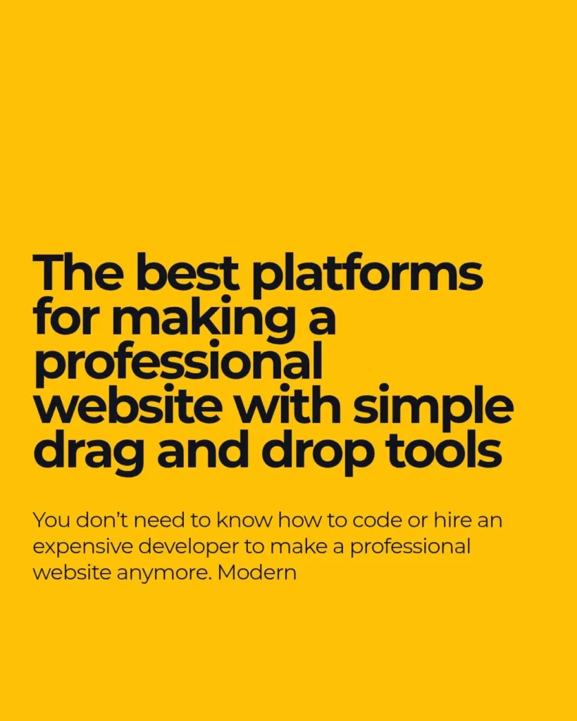 The best digital marketing strategist in Riyadh blog cover with a bright yellow background and bold black text about the best platforms for making a professional website using simple drag-and-drop tools, with a subtitle about creating websites without coding.